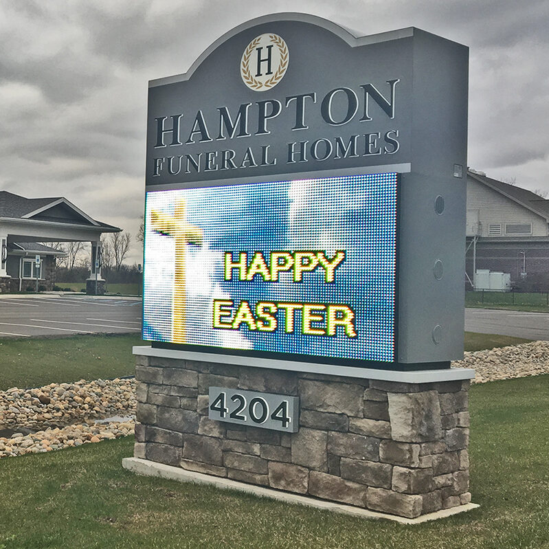 Hampton Funeral Homes monument sign with electronic message center in Jackson, MI