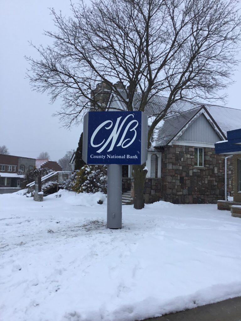 County National Bank pylon sign in Litchfield, MI