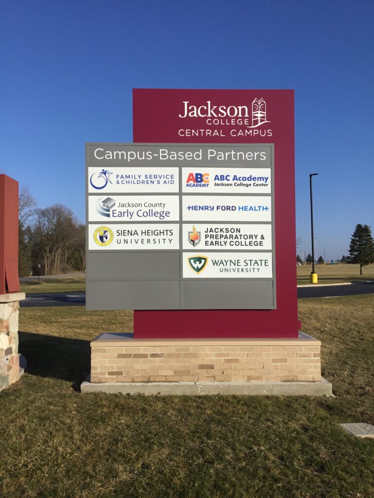 Jackson College campus based partner monument sign in Jackson, MI